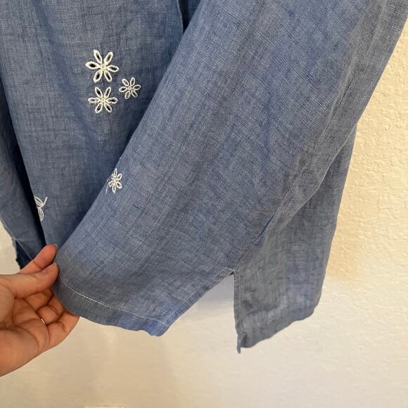 VTG Josephine Chaus 100% Linen Embroidery Button Up Shirt L Blue Coastal Grandma - Picture 6 of 13